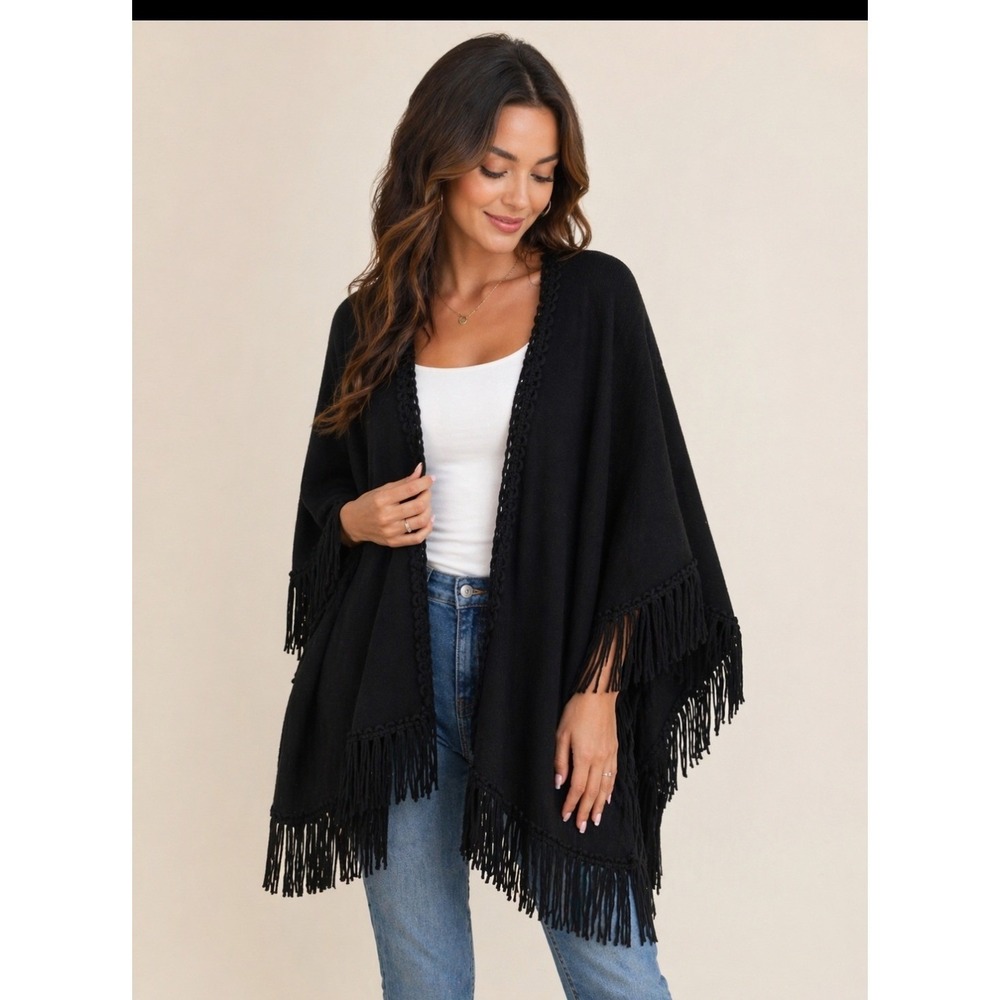 Coldwater Creek Black‎ Ribbed Knit Fringe Open Front Poncho Wrap One Size